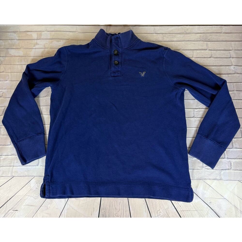 American Eagle Pullover Mens Large Blue Mock Neck Button Sweatshirt Casual